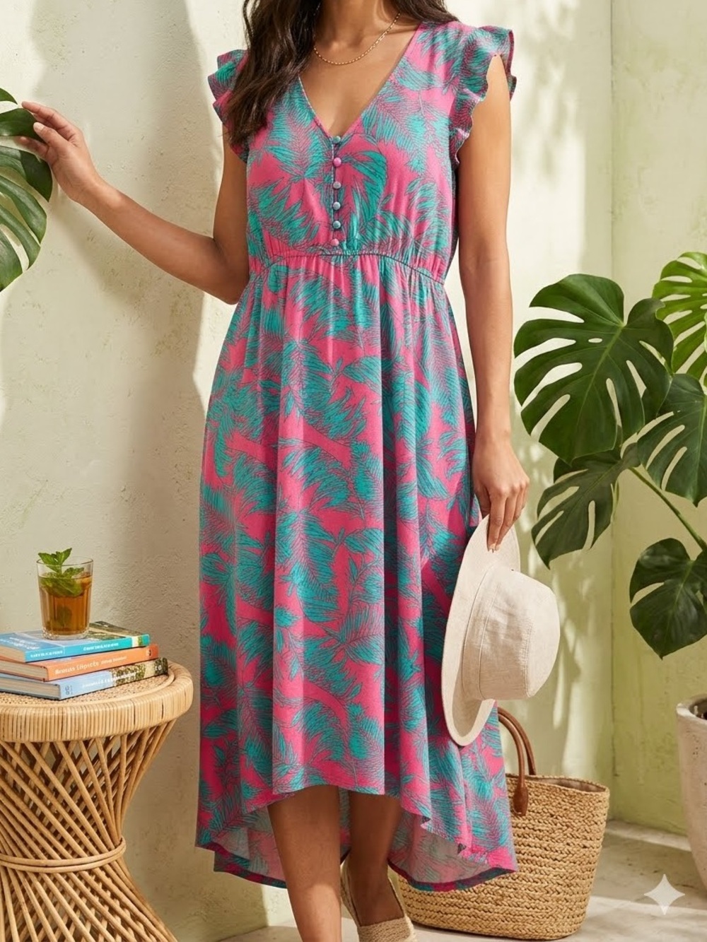 Jessica Simpson Dress Hot Pink Seafoam Green Ruffle Maxi large Tropical High Low